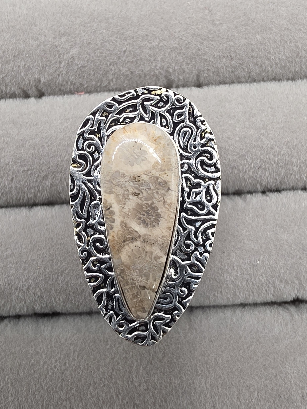 Teardrop Fossilized Coral Stone Ring Size 7 in Beige and Silver Plated